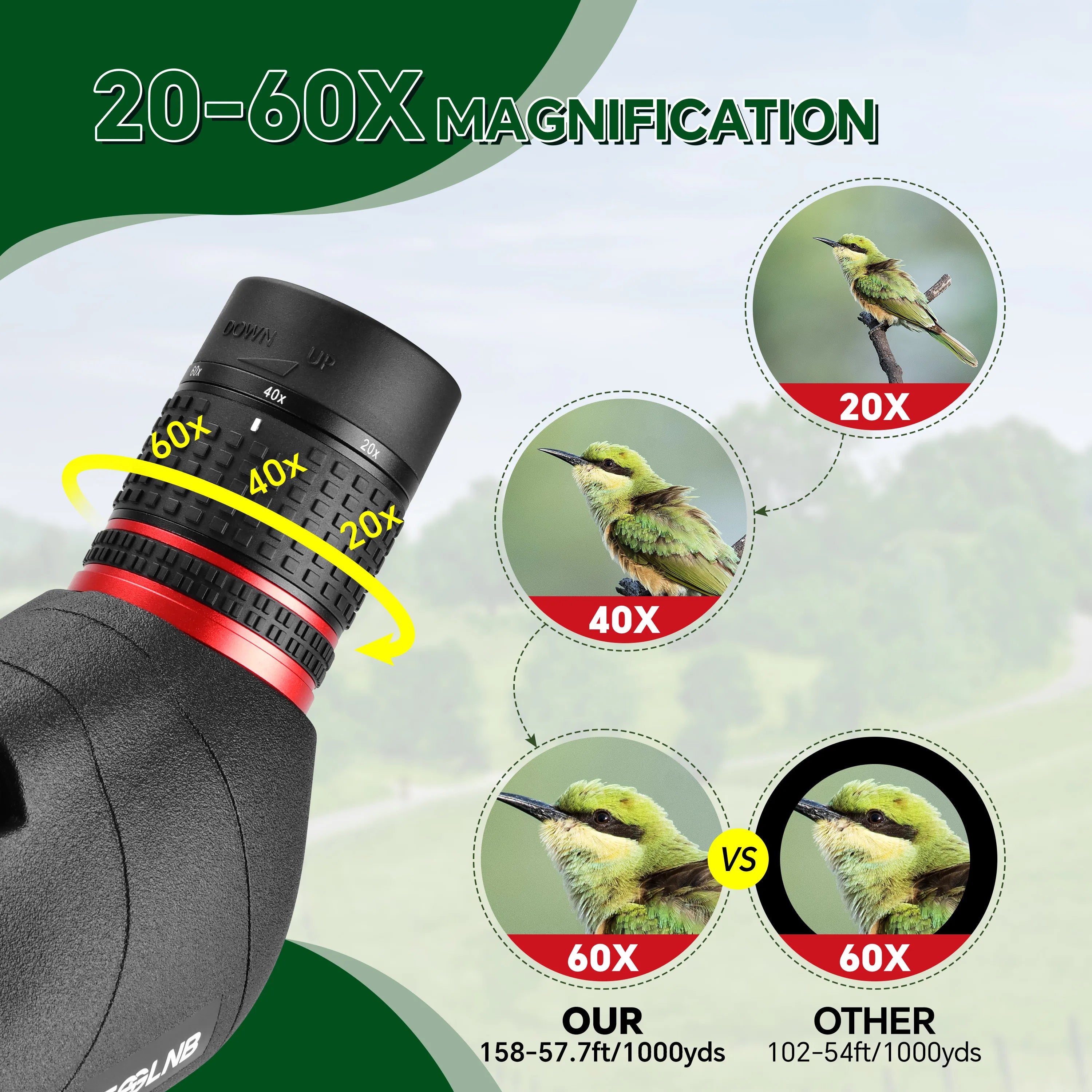 20-60X Zoom Spotting Scope 80mm FMC Lens HD Vision with Adjustable Tripod Mobile Holder Carry Bag for Hunting Bird Watching