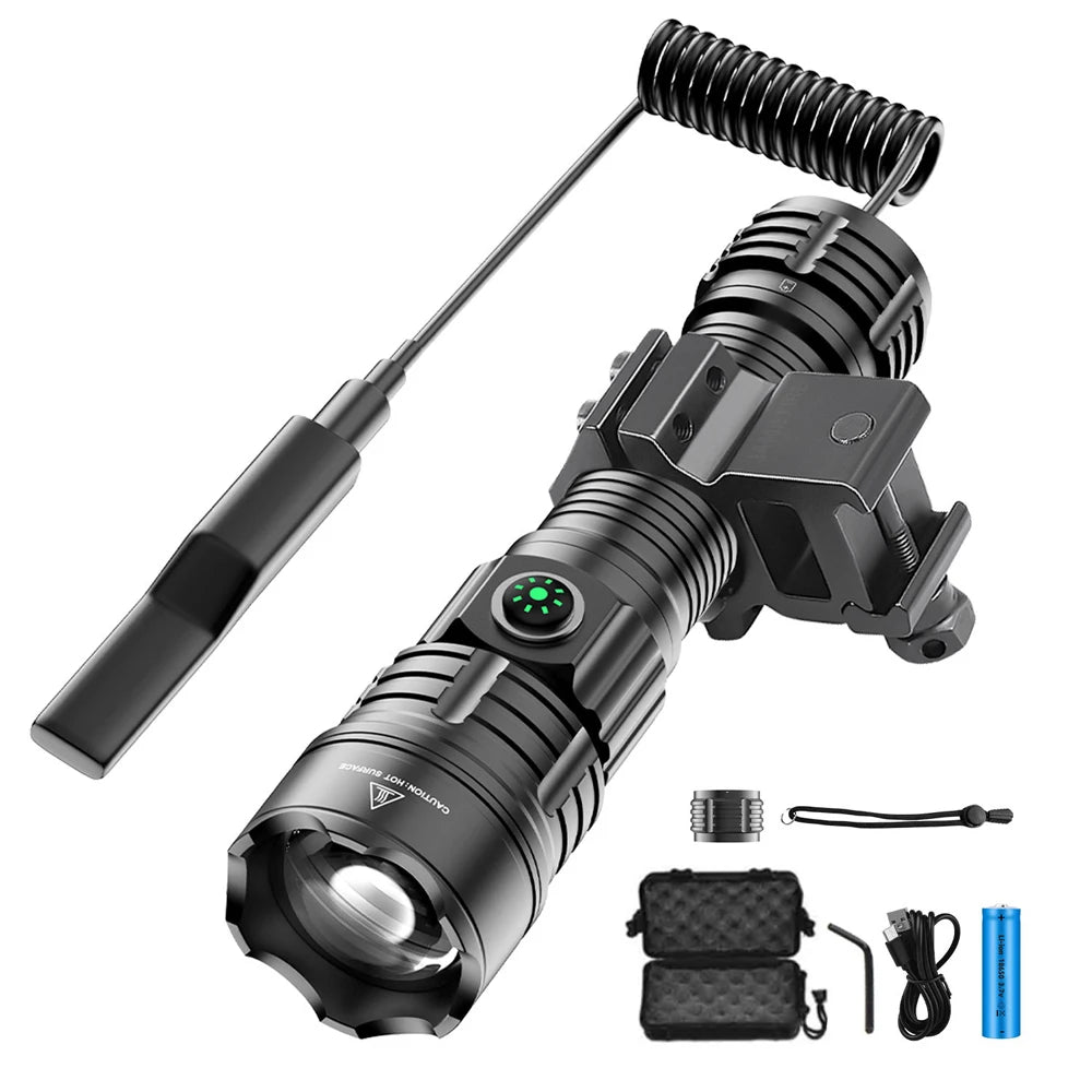 High Power Strong Light Spotlight LED Tactical Flashlight Fixed Bracket Telescopic Zoom Type-C Charging Cartridge