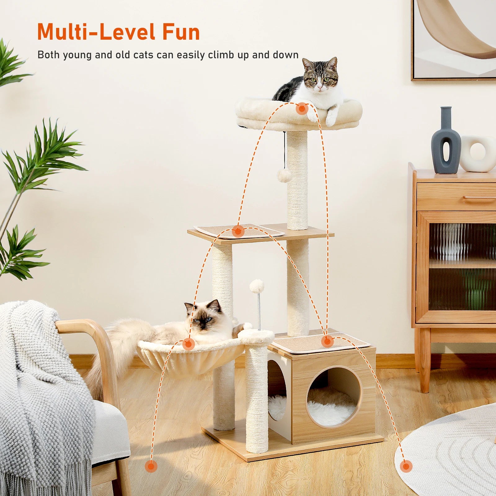 Modern Cat Tree for Indoor Cats Multi-Level Wood Cat Tower with Cozy Condo Hammock Sisal Scratching Posts Kitten House Cat Toys