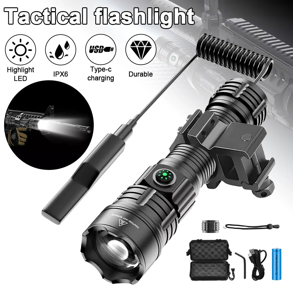 High Power Strong Light Spotlight LED Tactical Flashlight Fixed Bracket Telescopic Zoom Type-C Charging Cartridge