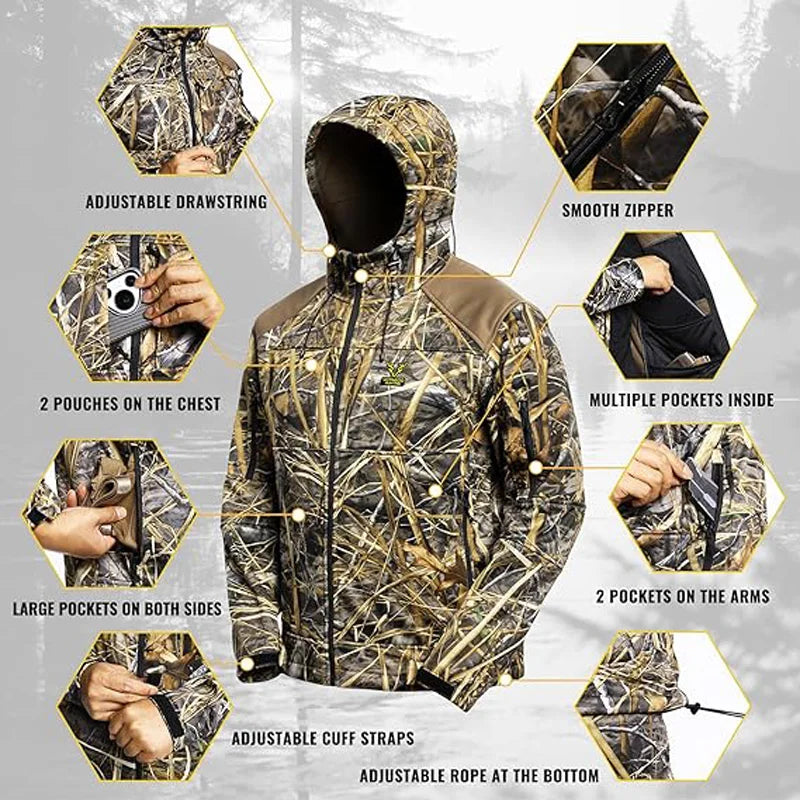 Quiet Hunting Jacket Softshell Fleece-Lined Camouflage Clothes Clothing Gear Hoodie Coat For Men