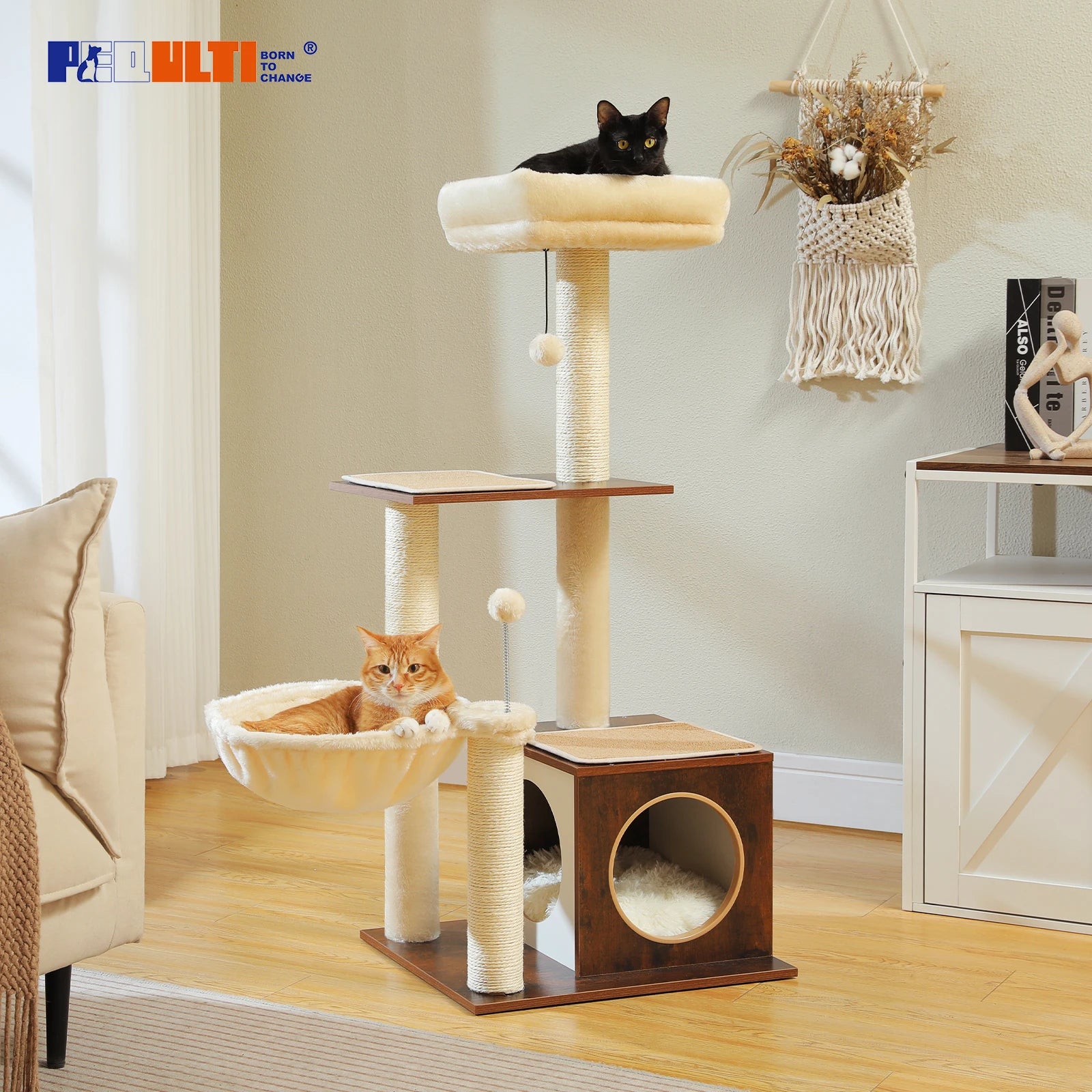 Modern Cat Tree for Indoor Cats Multi-Level Wood Cat Tower with Cozy Condo Hammock Sisal Scratching Posts Kitten House Cat Toys