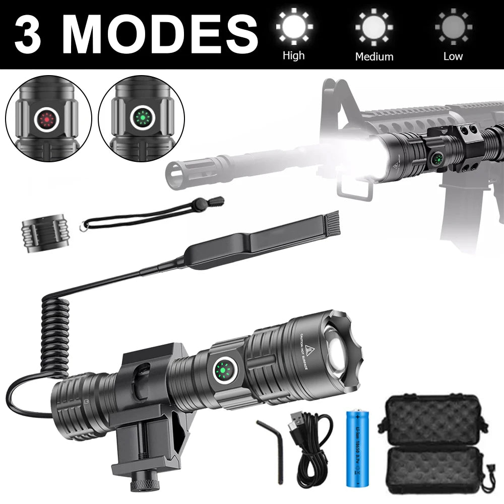 High Power Strong Light Spotlight LED Tactical Flashlight Fixed Bracket Telescopic Zoom Type-C Charging Cartridge