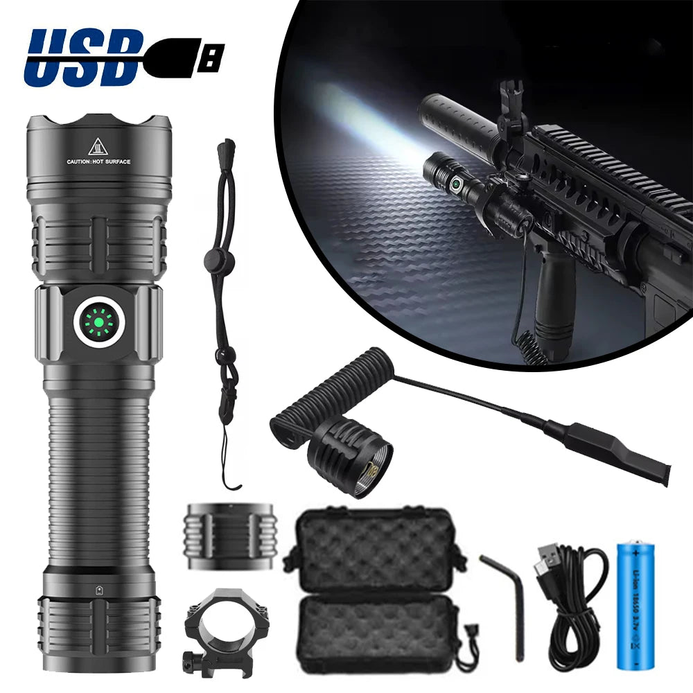 High Power Strong Light Spotlight LED Tactical Flashlight Fixed Bracket Telescopic Zoom Type-C Charging Cartridge