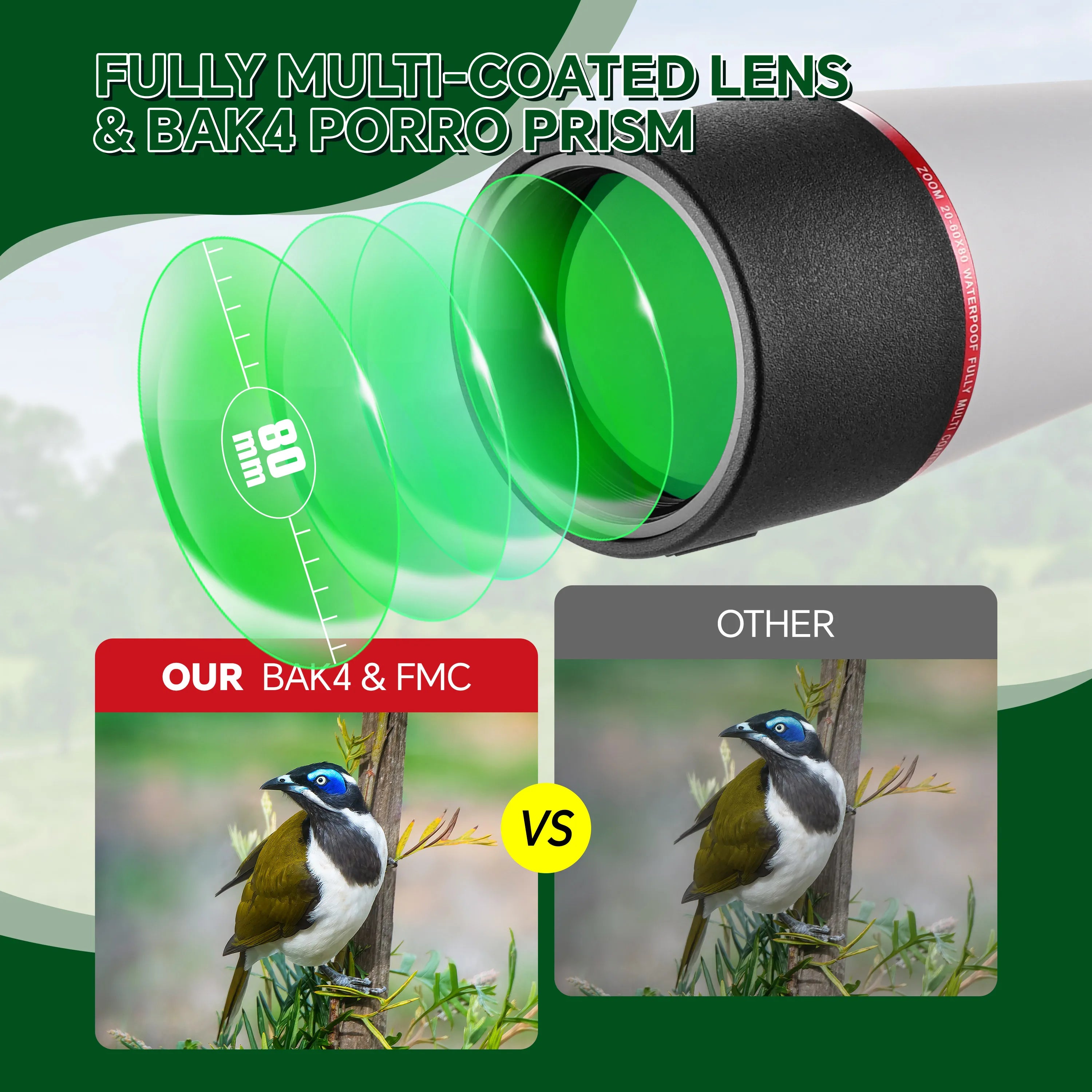 20-60X Zoom Spotting Scope 80mm FMC Lens HD Vision with Adjustable Tripod Mobile Holder Carry Bag for Hunting Bird Watching