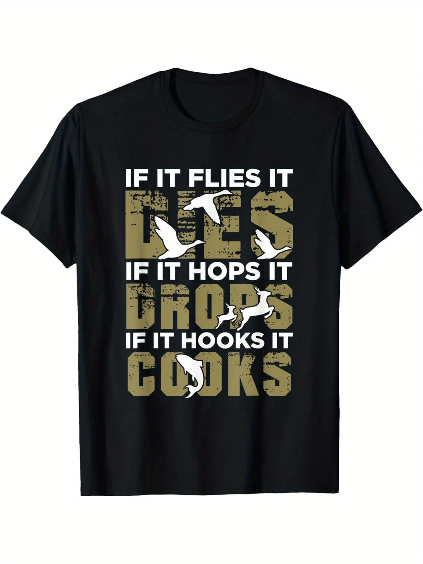 Men's Funny Hunting Shirt with "If It Flies It Dies" Slogan & Deer Graphic - Black Camo Print Short Sleeve Tee