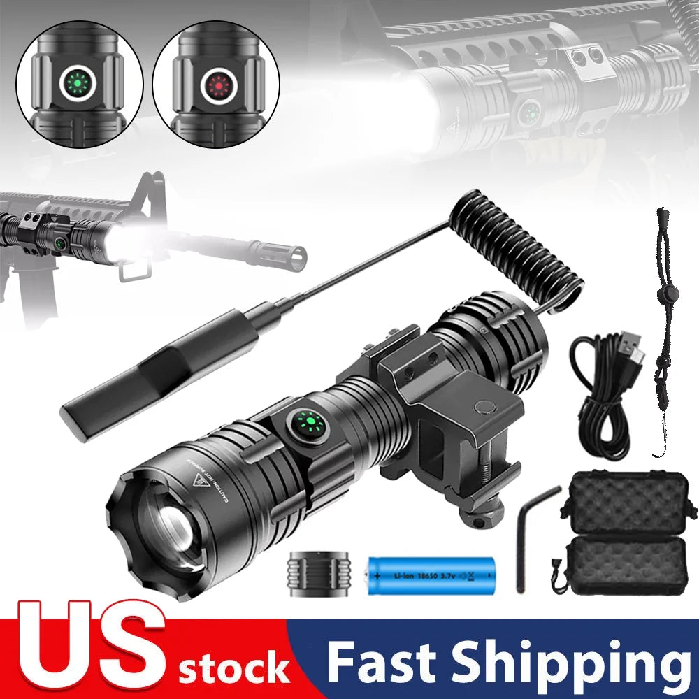 High Power Strong Light Spotlight LED Tactical Flashlight Fixed Bracket Telescopic Zoom Type-C Charging Cartridge