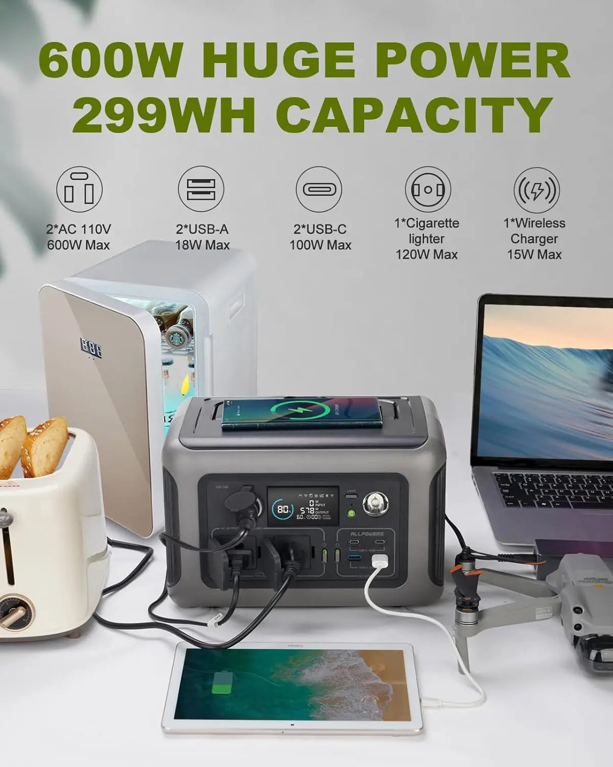Portable Power Station R600, Battery with 2x 600W (1200W Surge