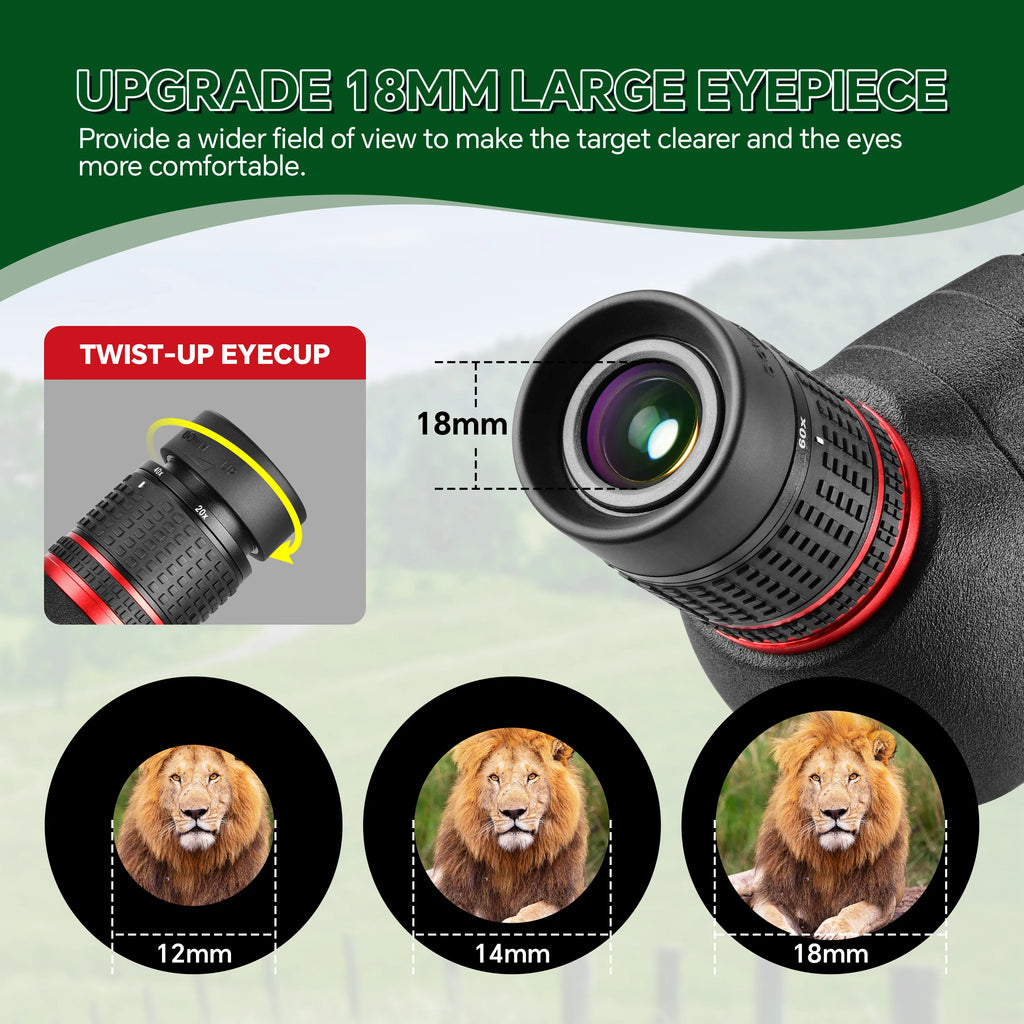 20-60X Zoom Spotting Scope 80mm FMC Lens HD Vision with Adjustable Tripod Mobile Holder Carry Bag for Hunting Bird Watching