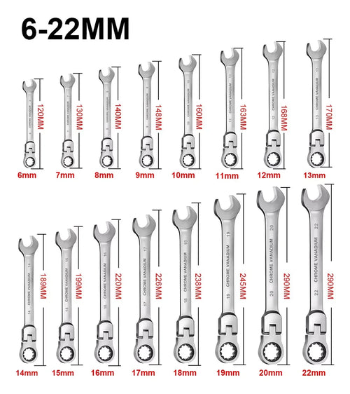 16Pcs Premium Flex-Head Ratcheting Wrench Set, 6-22MM, Durable Craftsmanship, with Handy Storage Bag - Perfect for DIY & Auto