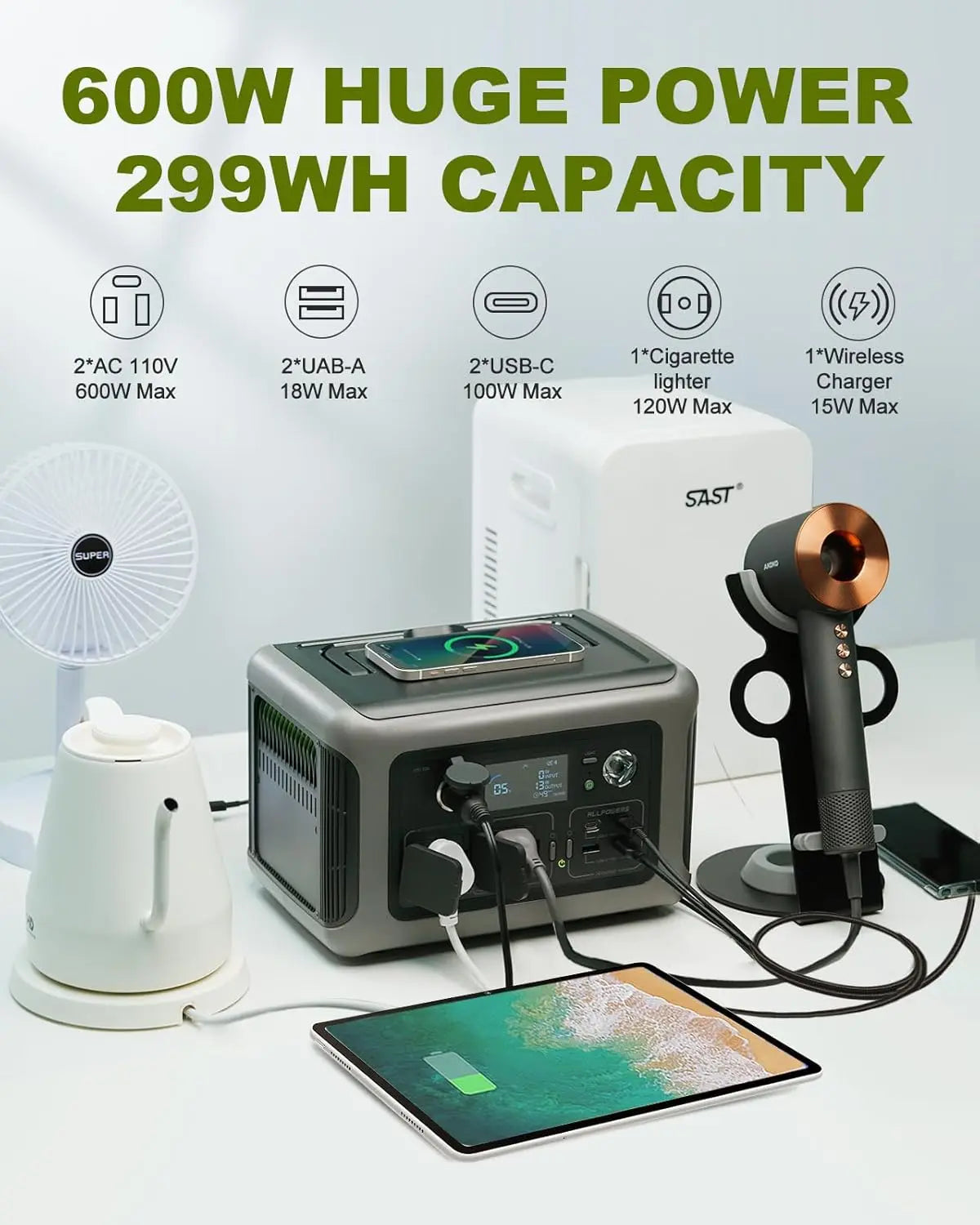 Portable Power Station R600, Battery with 2x 600W (1200W Surge