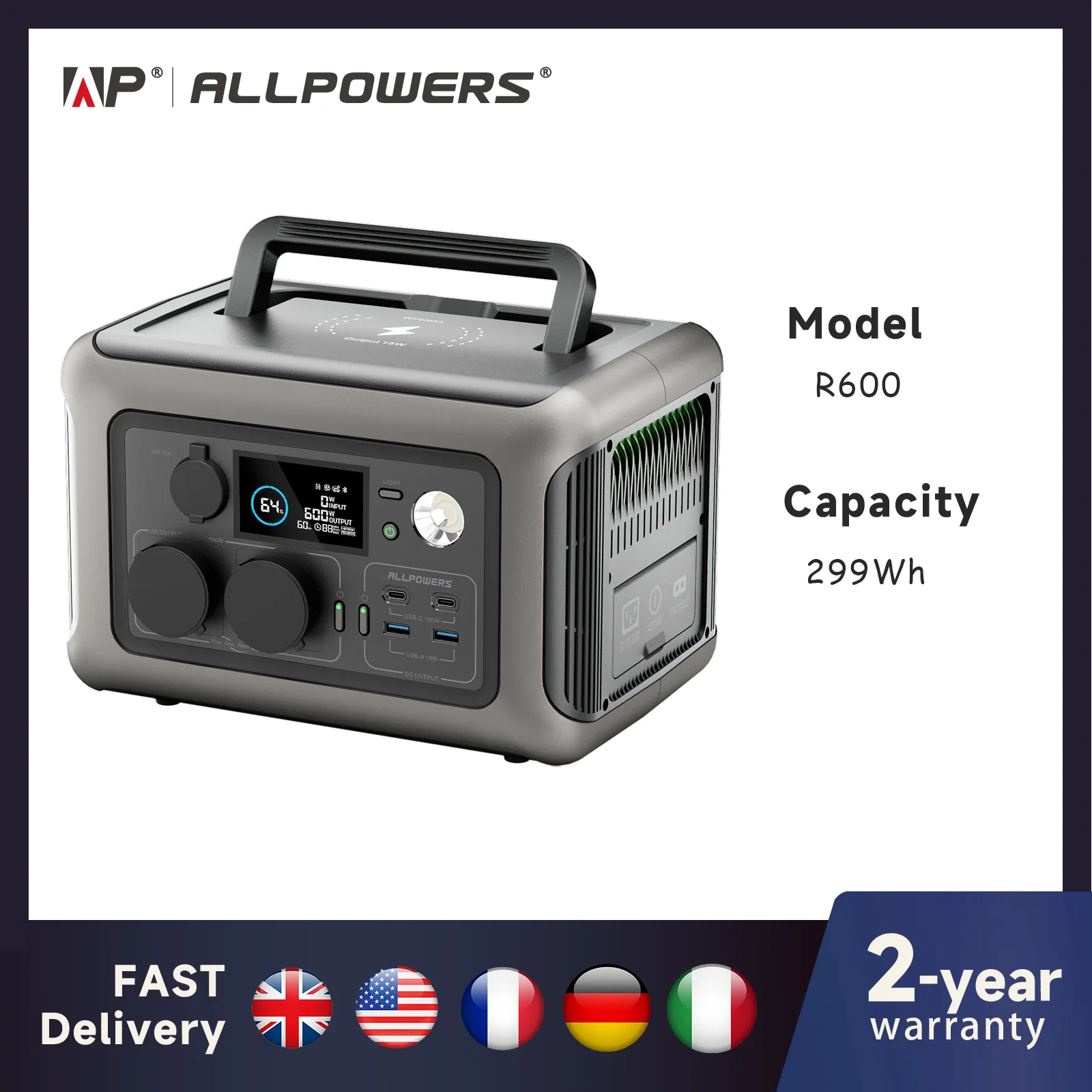 Portable Power Station R600, Battery with 2x 600W (1200W Surge